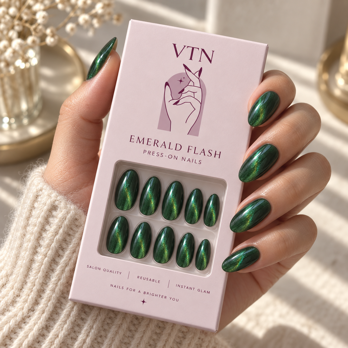 Emerald Flash press-on nails with VTN packaging