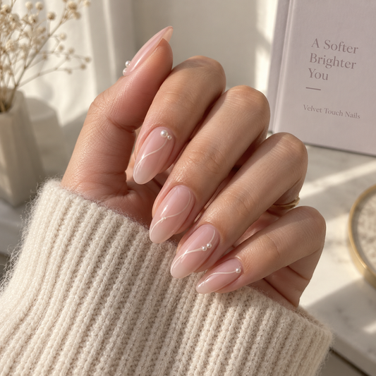 Rosewater Veil press-on nails on a natural hand