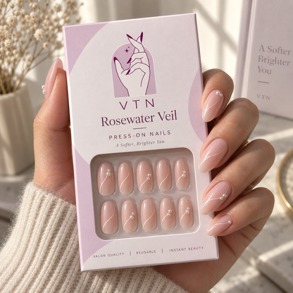 Rosewater Veil press-on nails with VTN packaging
