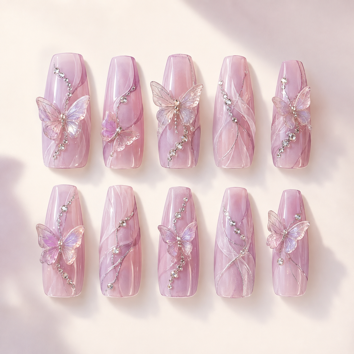 Crystal Butterfly Veil Coffin press-on nails