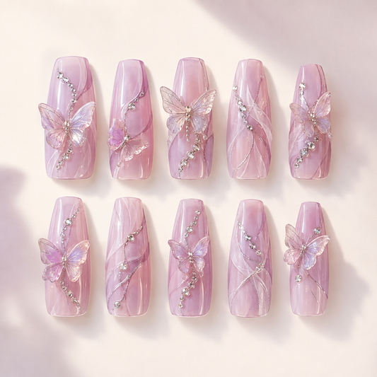Crystal Butterfly Veil Coffin press-on nails