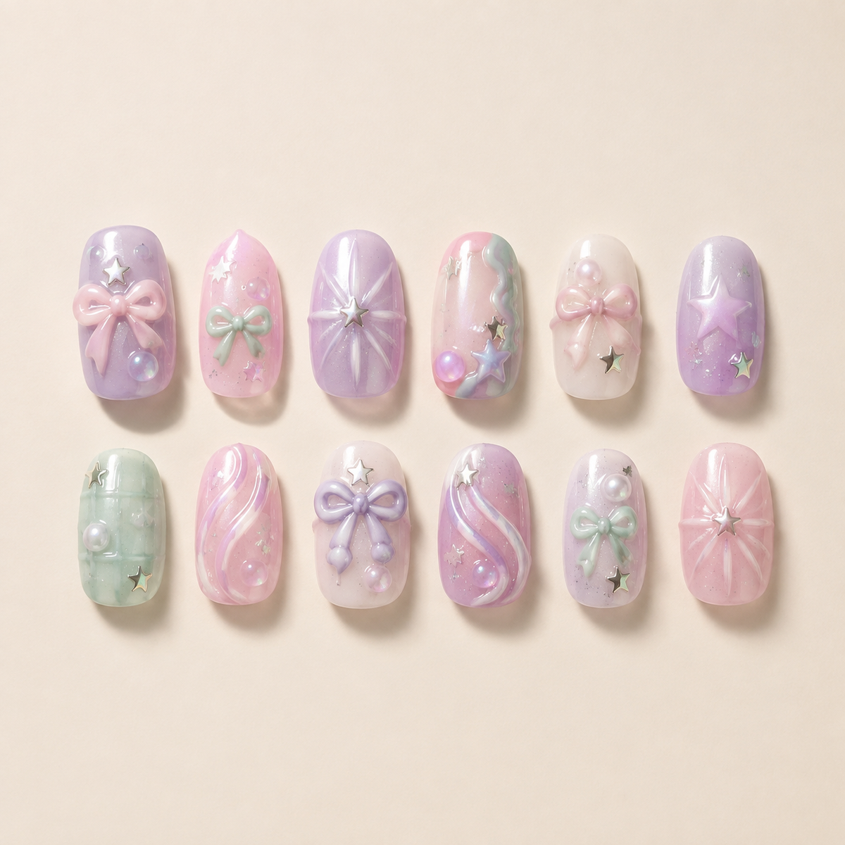 Sugar Cloud Parade pastel bow press-on nail set