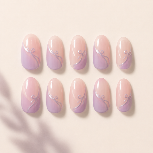 Lilac Ribbon Tips Oval press-on nails