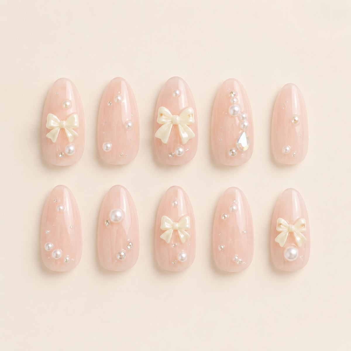 Pearl Bow Social Almond press-on nails