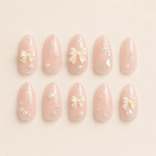 Pearl Bow Social Almond press-on nails
